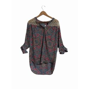 BKE Boutique Paisley Print Sheer‎ Yoke Tunic Top Women's Long Sleeve Roll Button